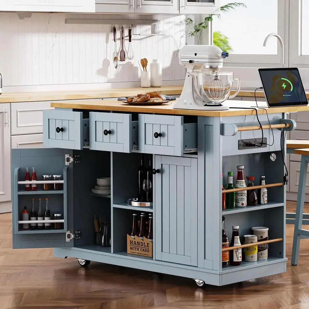 

53 Grey Blue Rolling Kitchen Island with Drop Leaf, Power Outlet, and Storage Shelves