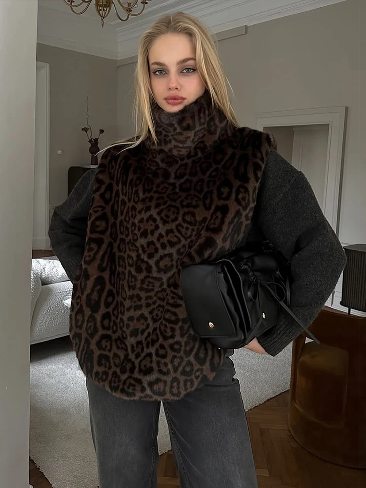 

Sisterlinda пушистая водолазка на бретелях женская трендовая элегантная теплая зимняя леопардовая без рукавов для банкета и вечеринки дикая хипстерская уличная одежда