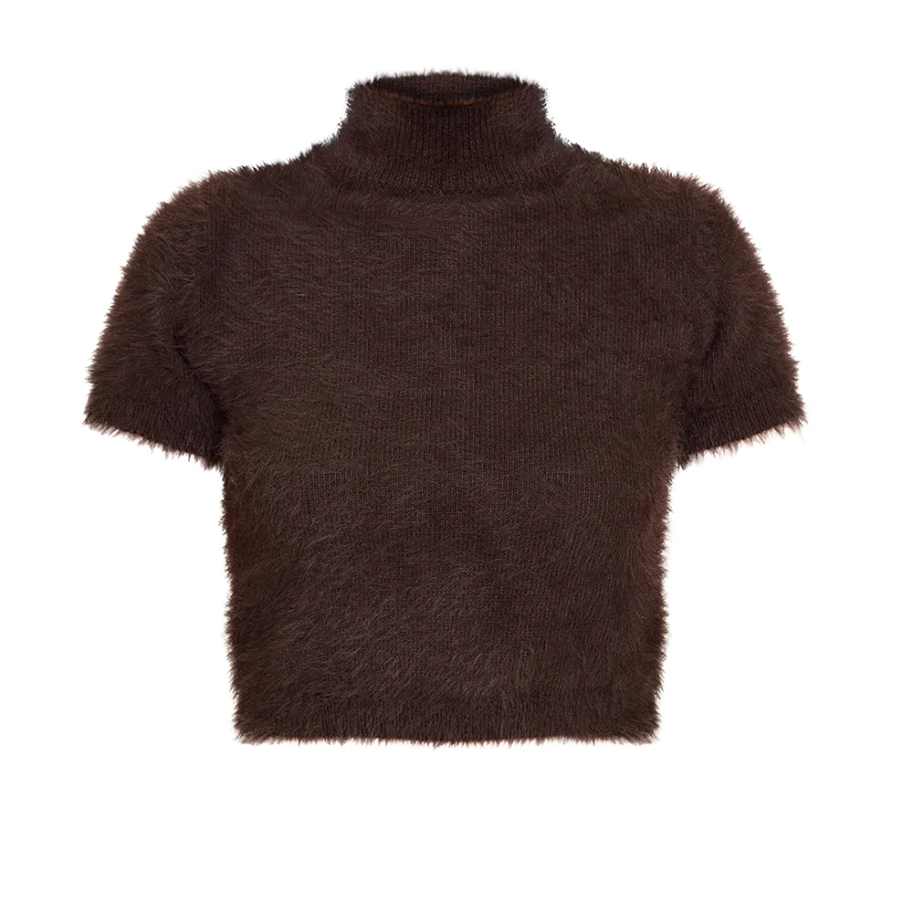 

Женские летние укороченные топы y2k, винтажные нечеткие вязаные укороченные топы, повседневные однотонные тонкие свитера с высоким воротом и короткими рукавами, футболки, уличная одежда