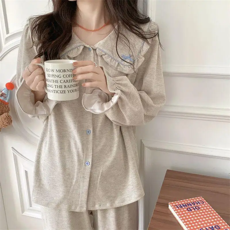 Pajama Women Autumn and Winter New Korean Version Sweet Doll Collar Striped Long Sleeved Pants Cute Style Student Home Suit Set