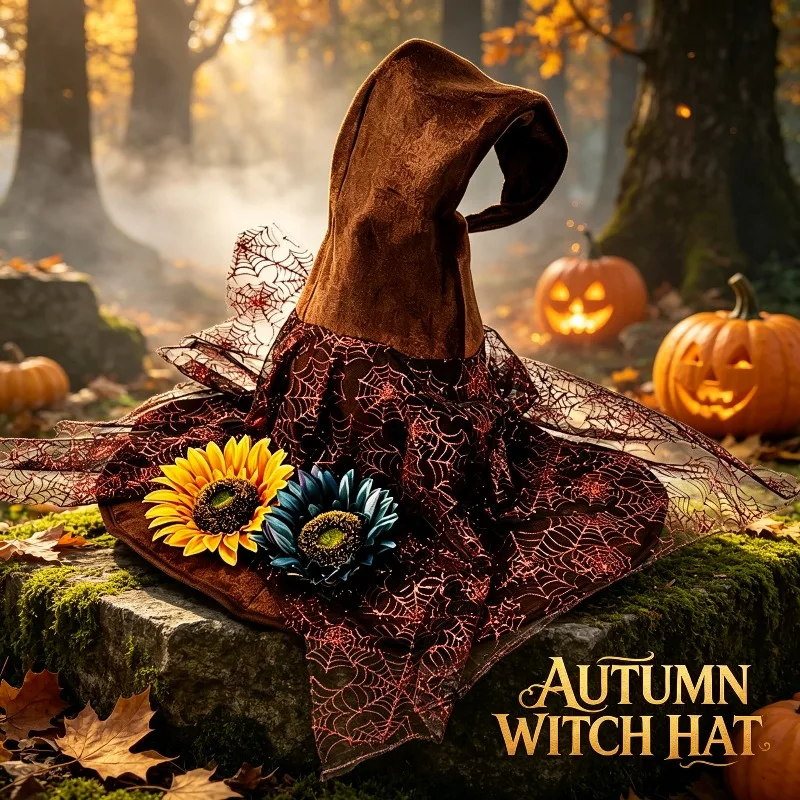 Vintage Forest Twisted Witch Hat Lace Rose Spider Web Detail Decoration Match Suitable for Halloween Role Playing Activities