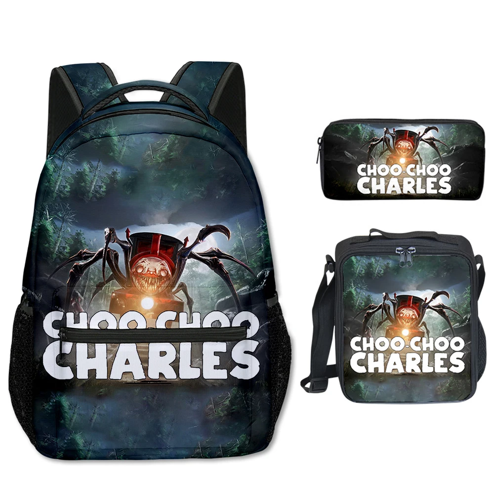 Hip Hop Popular Choo-Choo Charles 3D Print 3pcs/Set student School Bags Travel Notebook Backpack Crossbody Lunch bag Pencil Case