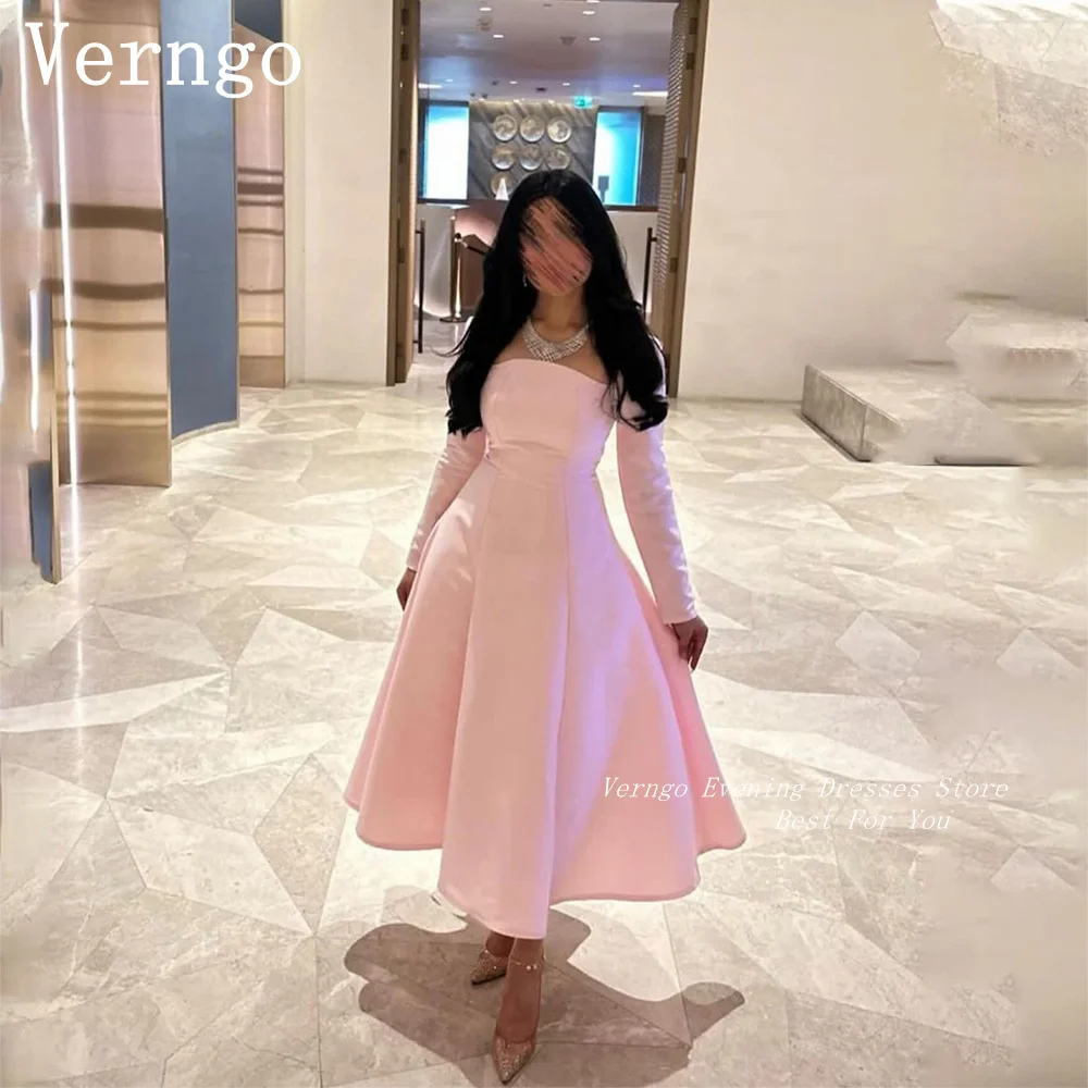 

Verngo Blush Pink Satin Prom Gowns For Women Square Collar Full Sleeves Party Dress Saudi Arabic Formal Dress فساتين للمناسبات ا