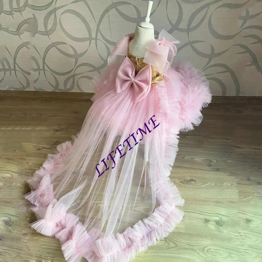 Abito da ragazza di fiore rosa personalizzato per applicazioni in tulle dorato da sposa con fiocco Bella festa di compleanno per banchetti per bambine personalizzata