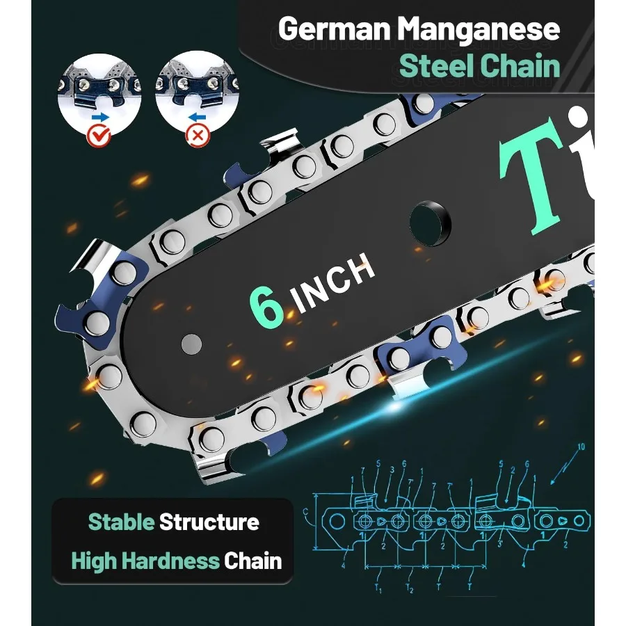 ミニチェーンソー 6インチ、バッテリー2個付き、屋外ガーデニングや木材切断用電動ノコギリ、コンパクトなコードレスチェーンソー