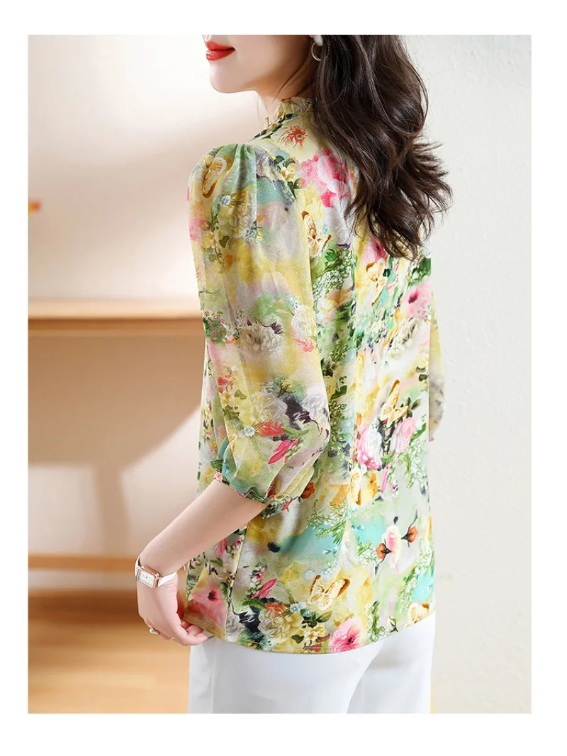 Women\'s Fashion Shirt Summer Korean Edition High end Thin Style Elegance Slimming Print Lantern Middle Sleeve Shirt for Women