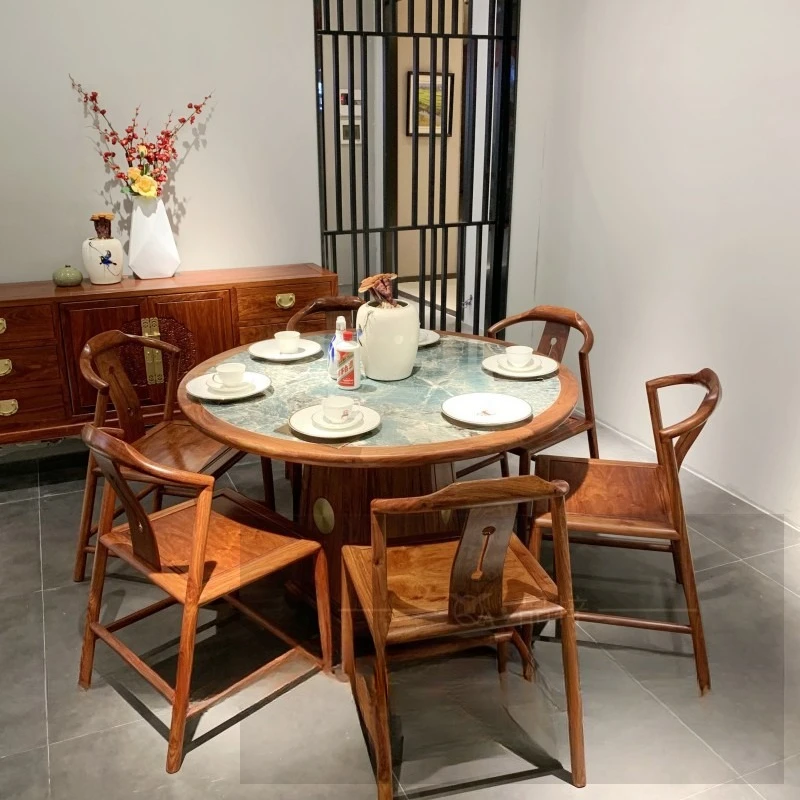 New Chinese style, red sandalwood emerald Pandora light luxury round dining table and chair villa