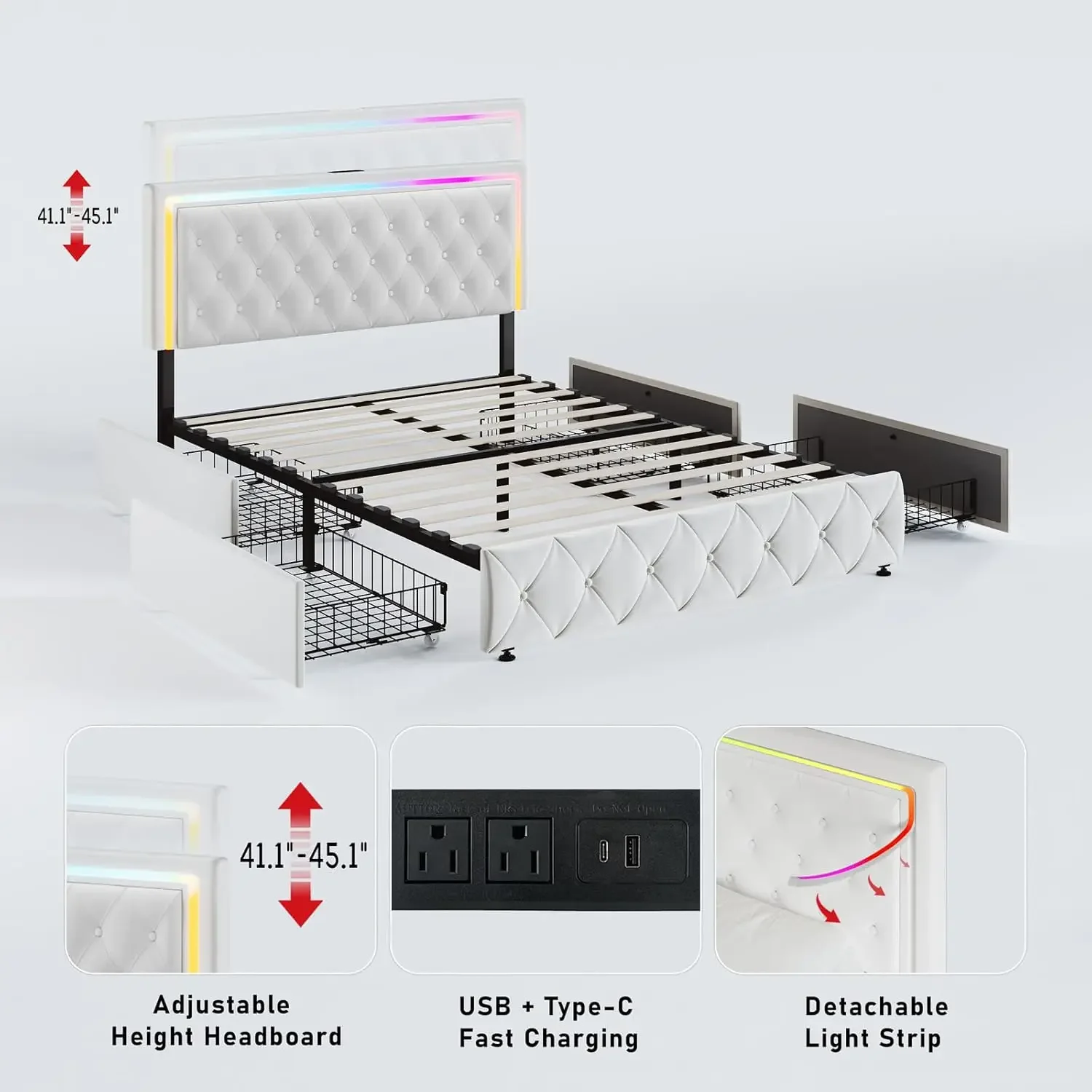 A full-size bed frame with storage space, 4 drawers, a white bed frame with adjustable LED headboard, and solid wooden strips