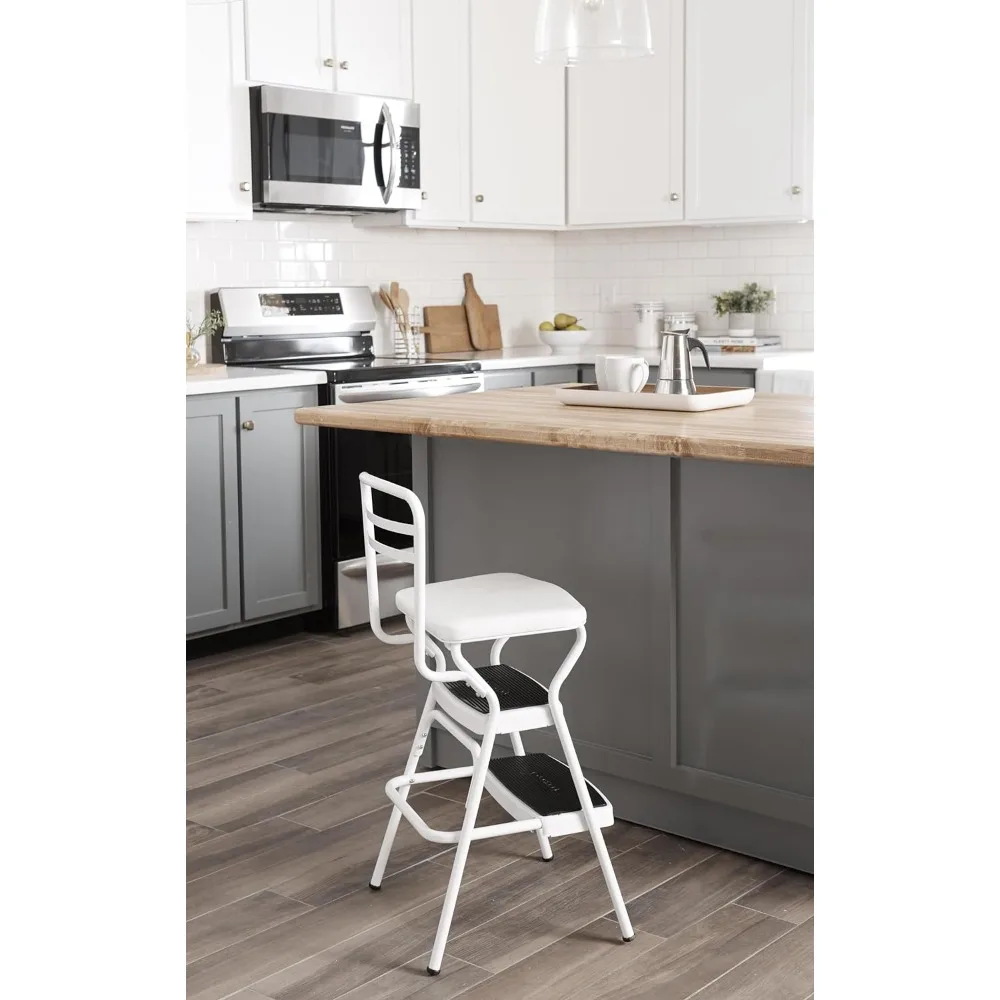 COSCO Stylaire Retro Chair + Step Stool with Flip-Up Vinyl Seat, White