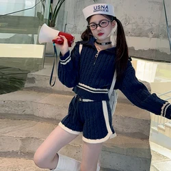 teen girls Sweater Set Korean Zipper Loose short Tops coat+High Waist Shorts 2pcs junior kid wist Knit suit Casual Child outfits