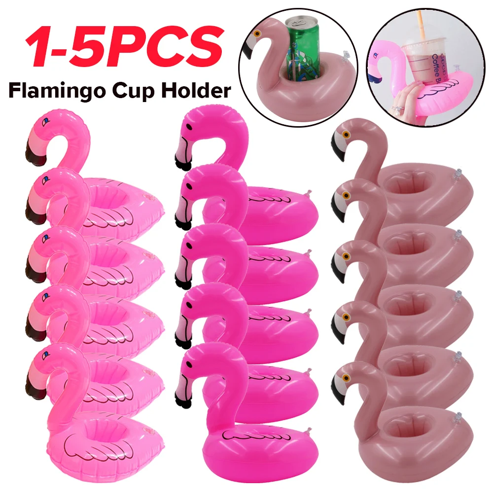 Portavasos inflable con forma de flamenco para piscina, soporte flotante para bebidas, accesorios para piscina, 5-1 piezas