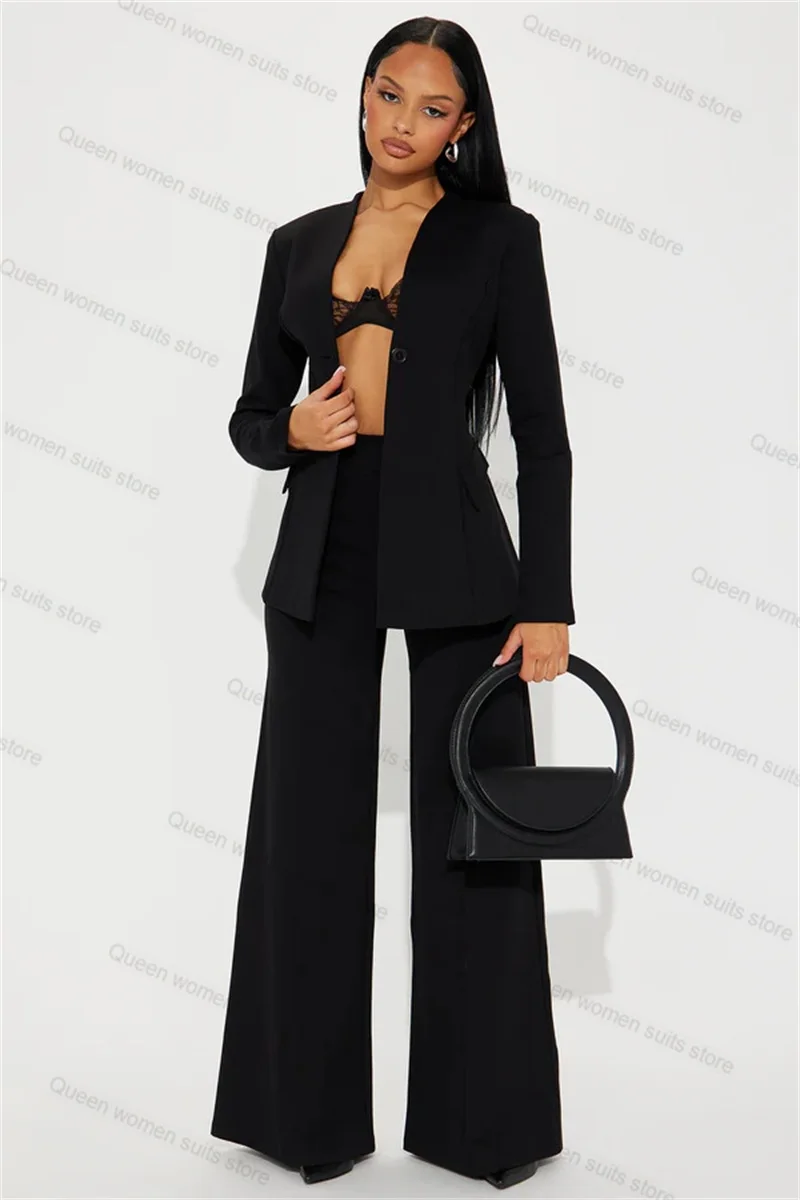 Black Cotton Women Suit Pants Set 2 Piece Blazer+Trouser Formal Office Coat Customized Wedding Tuxedos Prom Dress Jacket