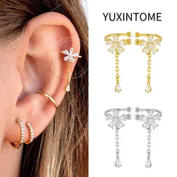 Plated 24K Gold Crystal Flower Clip Earrings Water Drop With Dangling Chain Earrings For Women Cartilage Ear Cuff Jewelry