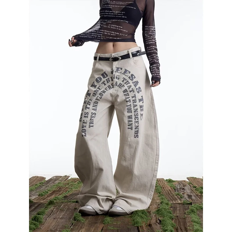 

American Sle Wide Leg Pants Women's Summer New Loose BF Retro Knife Workwear Trousers Casual Letter Print Jeans