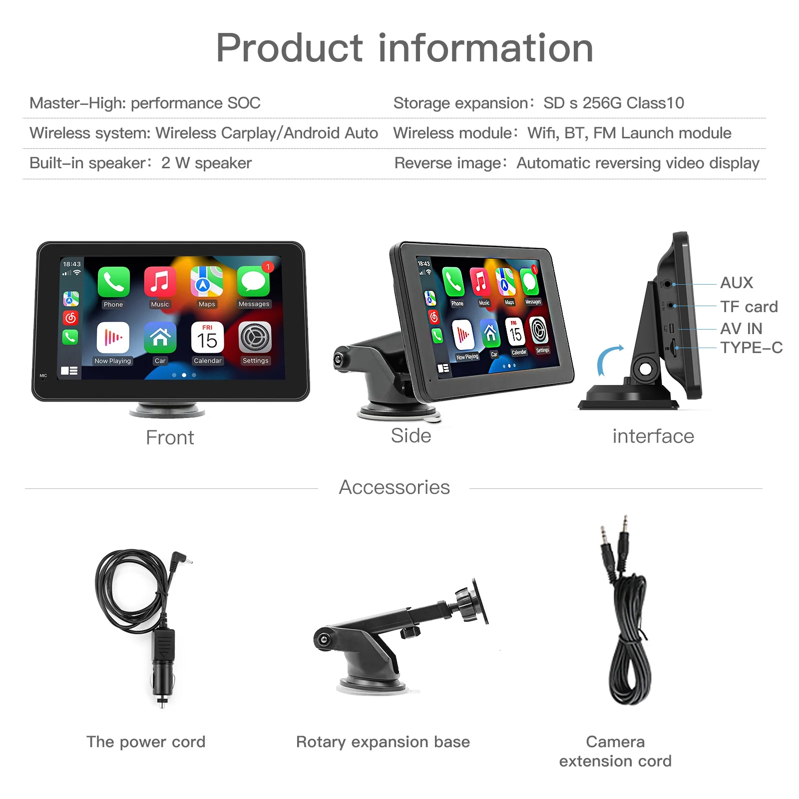 CARABC 1080P Multimedia 7 Inch Carplay Portable Radio Android Wireless Carplay Screen for Android Auto Carplay Car Stereo