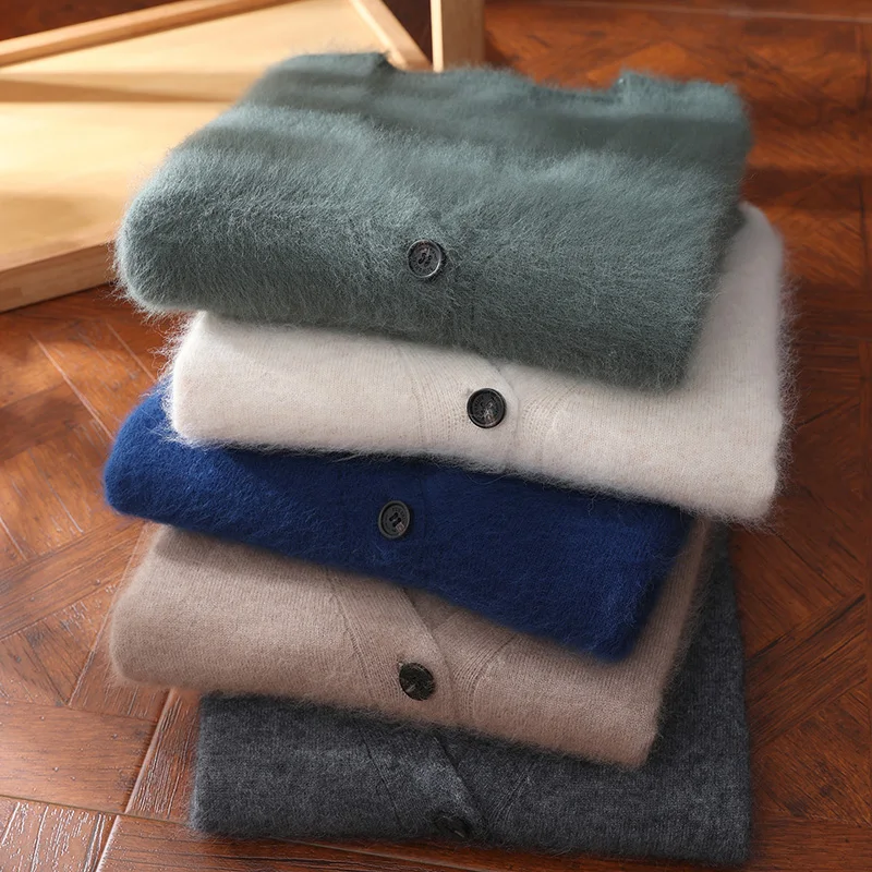 Maglione di cashmere visone di fascia alta da uomo in lana da lavoro per il tempo libero tinta unita cardigan in maglia con scollo a V cappotto maglione autunno e inverno