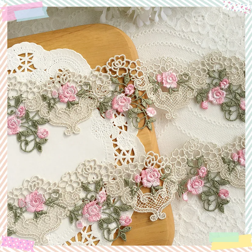 1yard 6cm Wide Pink Green Lace Trim Craft Flower Polyester Lace Fabric Venise Floral Embroidered Applique Decorated Lace Ribbon