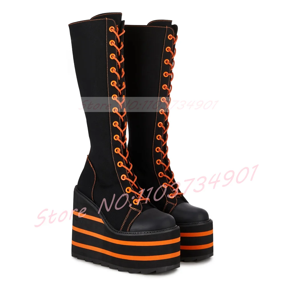 Striped Platform Sneakers Knee High Boots Women Color Blocking Canvas Lace-up Wedge Heels Boots Fashion Festival Gothic Boots