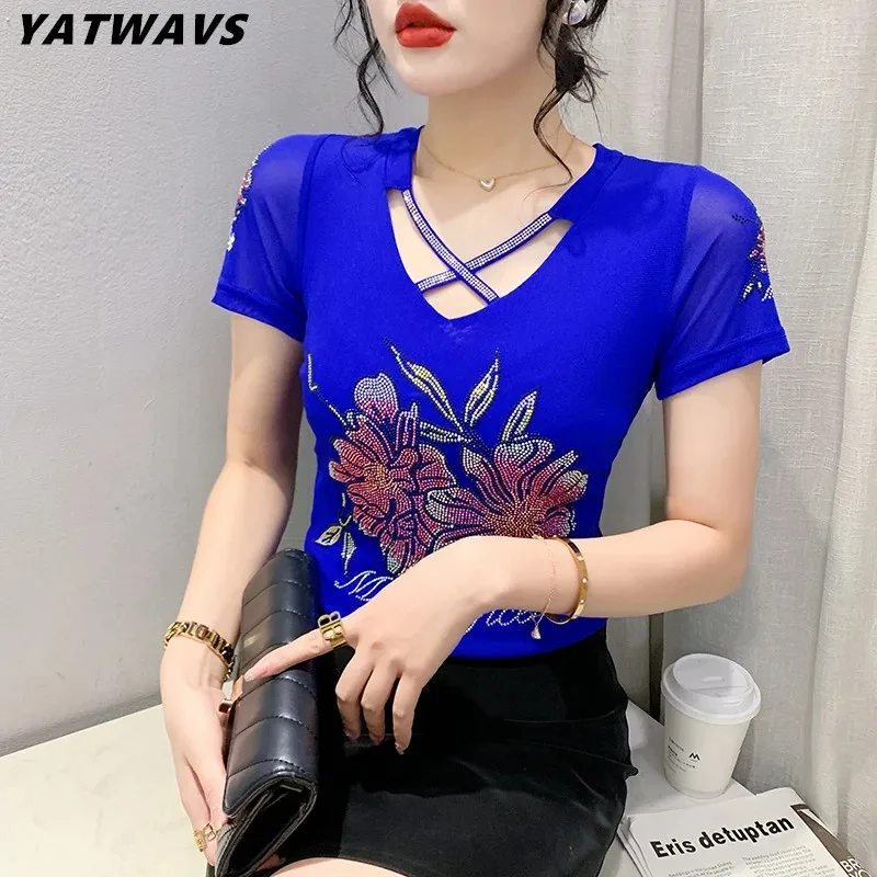 Summer Streetwear Korean Women T-Shirt Clothes Sexy High Quality Hot Diamonds Flower Short Sleeve Tops European Ladies Mesh Tees