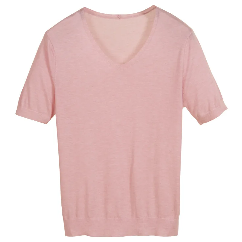 Pink Soft Wool Blend Short Sleeve Knitted V-neck Slim T-shirt Top For women's Slimming Bottom Trend