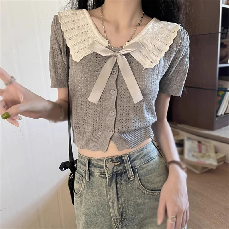 Women Summer doll collar bow contrast cut-out sweet gentle preppy knit short sleeve cardigan top black one size