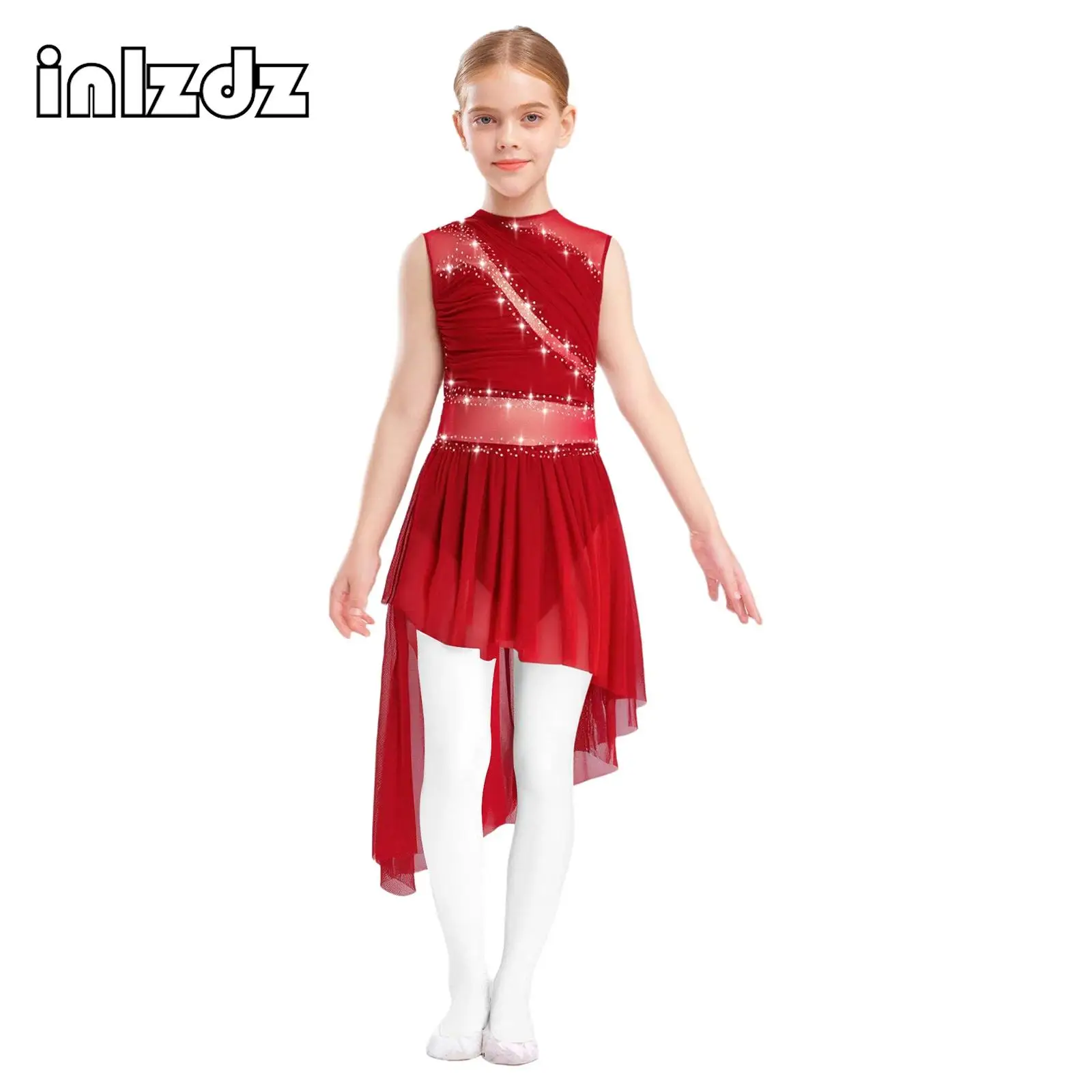 

Kids Girls Figure Skating Dance Dress Sheer Mesh Shiny Rhinestone Sleeveless Open Back Asymmetrical Hem with Built-in Briefs