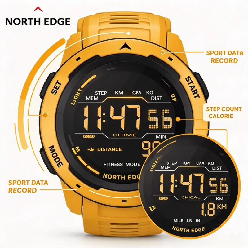 NORTH EDGE Men Digital Sports Watches Dual Time Pedometer Calories Alarm Clock Waterproof 50m Military Wristwatch Reloj Hombre