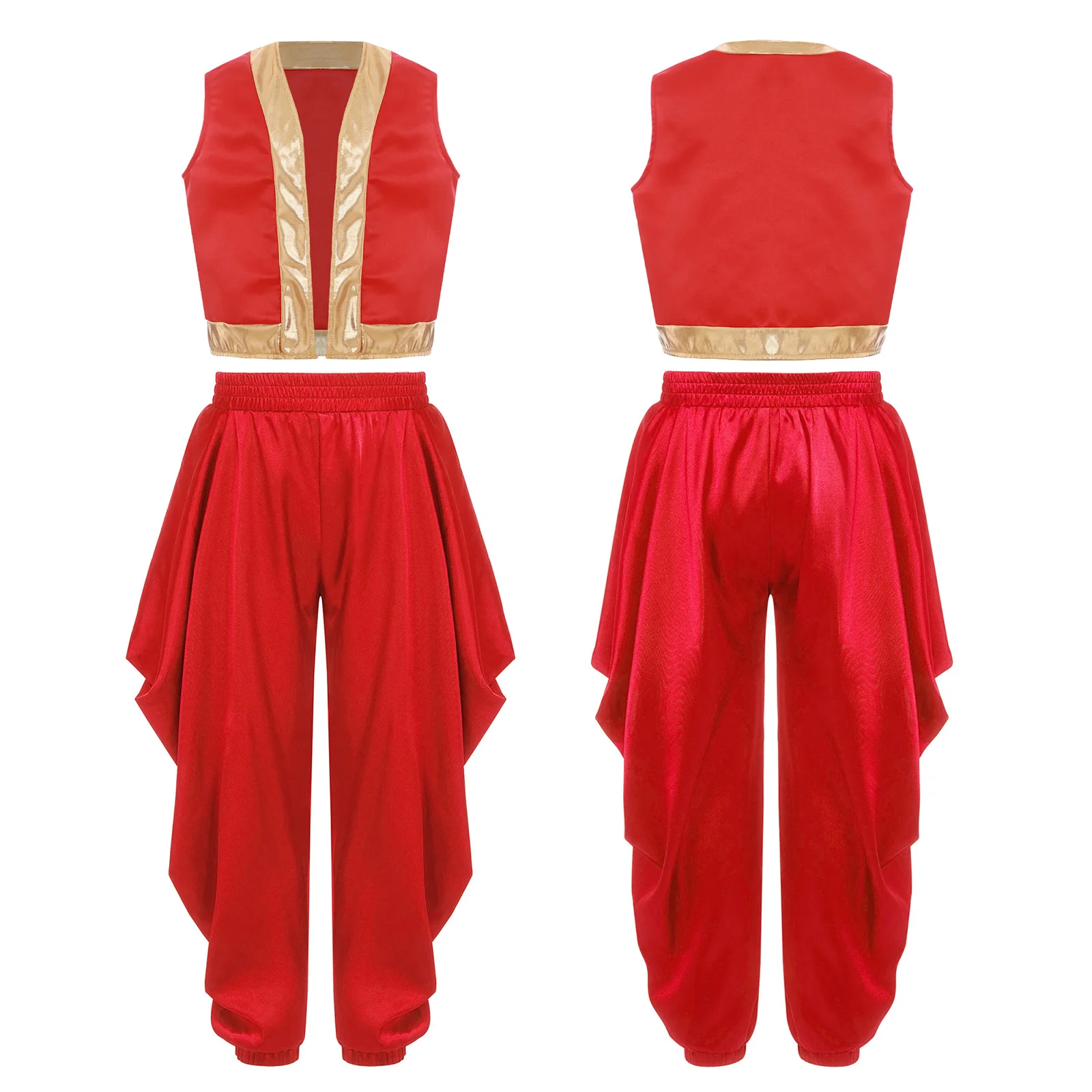 

Kids Halloween Dress Up Costume Two Piece Arabian Style Prince Set Loose Vest Top with Elastic Waist Satin Dhoti Baggy Pants
