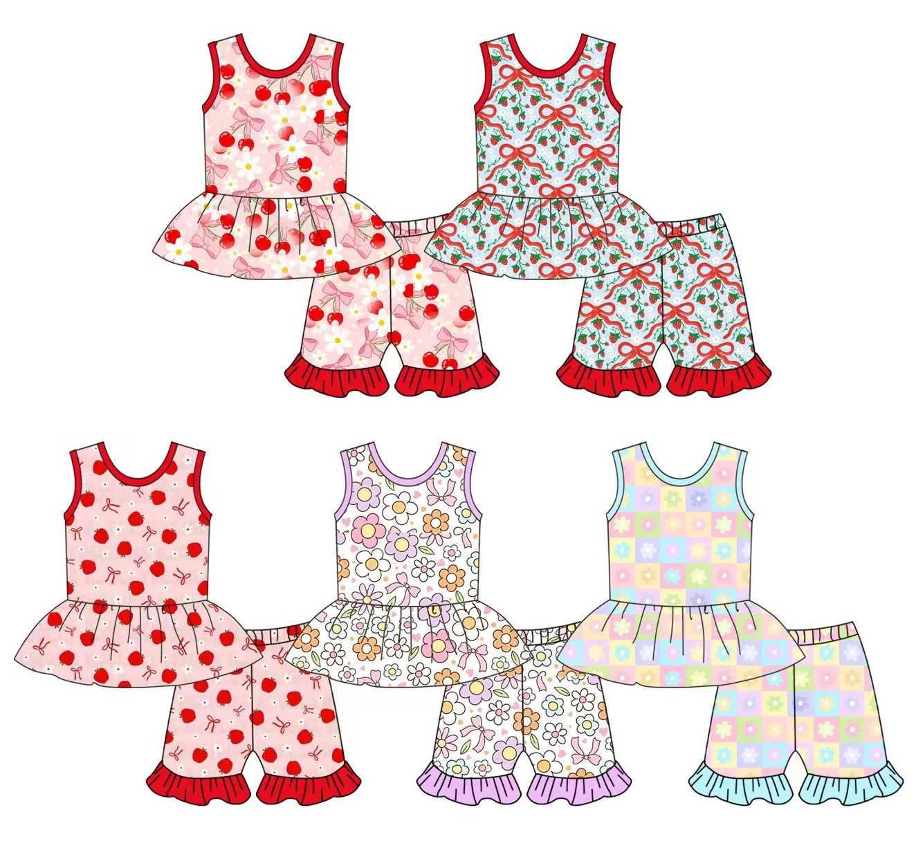Wholesale Toddler Girls Strawberry Flower Bow Outfits Summer Sleeveless Tunic Top Ruffled Shorts 2-Piece Set