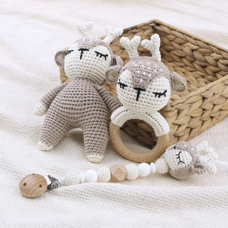 BPA Free Crochet Lion Baby Teether kawaii Stuffed Animal Doll Beech Wood Newborn Teether Ring Pacifier Clip Baby Birth Gift Box