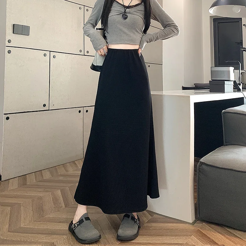 Autumn Winter New Split High Waist Thin A-line Long Maxi Skirt Casual Streetwear Vintage