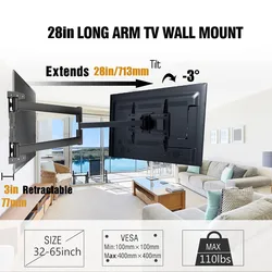 70cm Extension Long Arm TV Wall Mount, 32-65inch Full Motion TV Wall Bracket Swivel Tilt Level Articulating, Max VESA 400x400mm