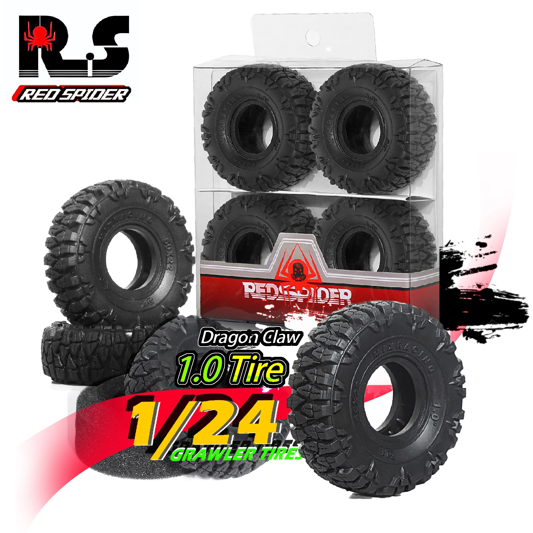 RED SPIDER 4Pcs 1.0in RC Crawler Tires 60mm Rubber Tyre with Foam for 1/18  TRX4M 1/24 Axial SCX24  RC Crawler Car Upgrade Tire