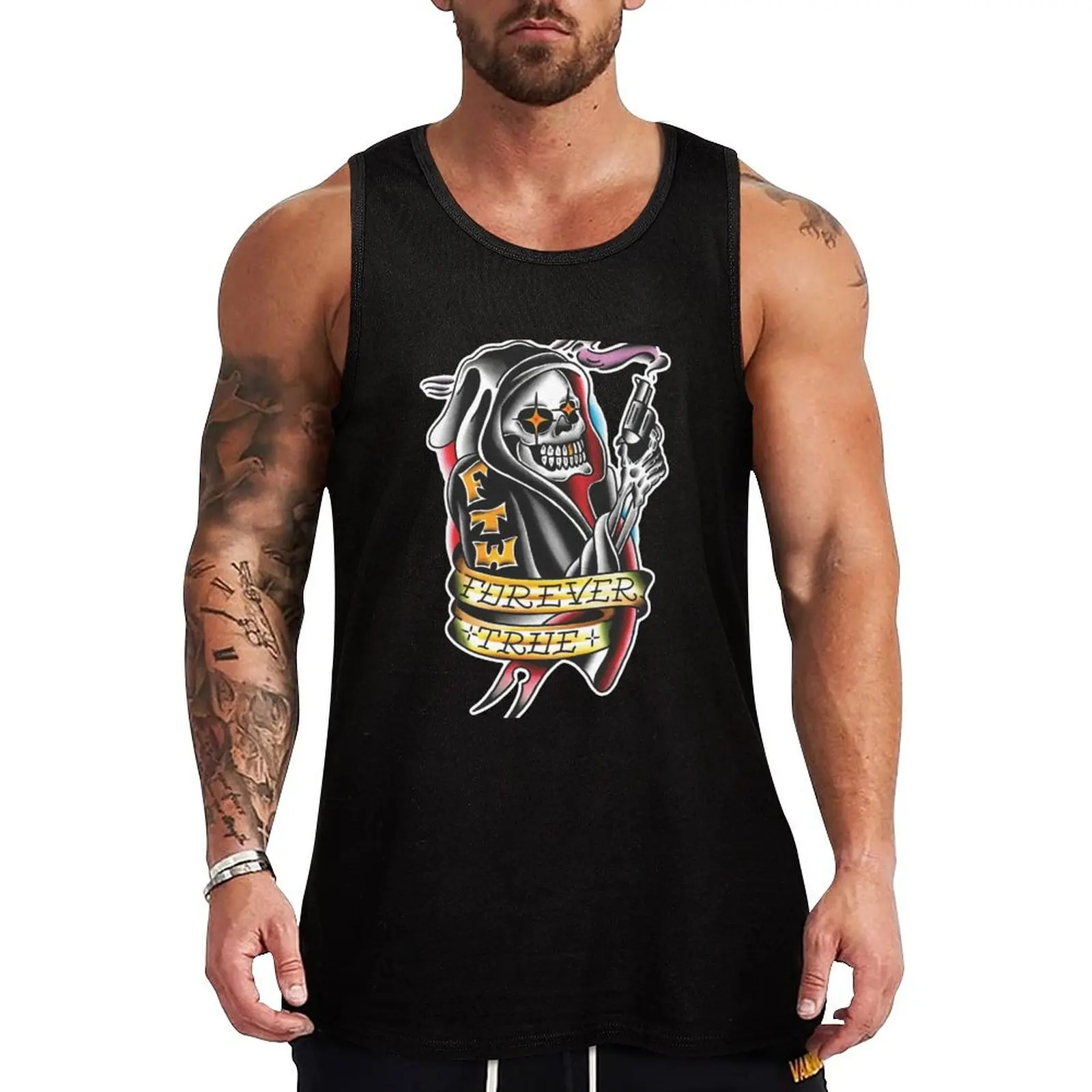 

Traditional Grim Reaper Tattoo Design Tank Top sports vest sleeveless gym shirts male