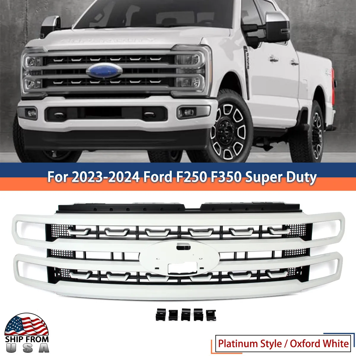 Oxford White Front Upper Grille Modified Grill Accessories For Ford F250 F350 Platinum Super Duty 2023 2024 Front Bumper Grille