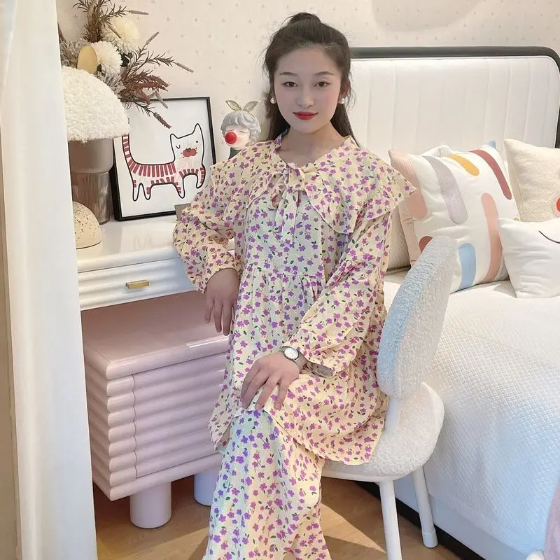 Fashion Age Reduction Loose Large Size Butterfly Collar Cotton and Silk Suit Women's Leisure Travel Loungewear Summer Pajama