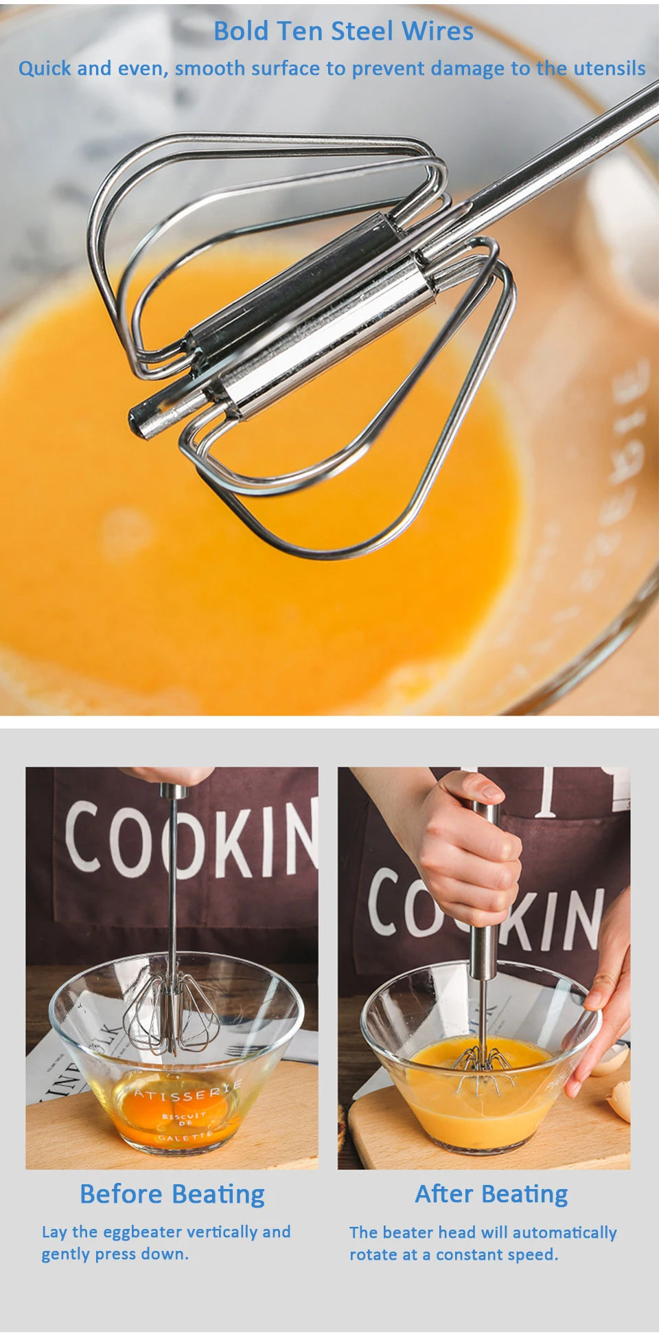 304 Edelstahl Schneebesen halbautomat ische Schneebesen manuelle Hand mixer selbst drehende Eier rührer Küchen zubehör Eier werkzeuge – Detail 4