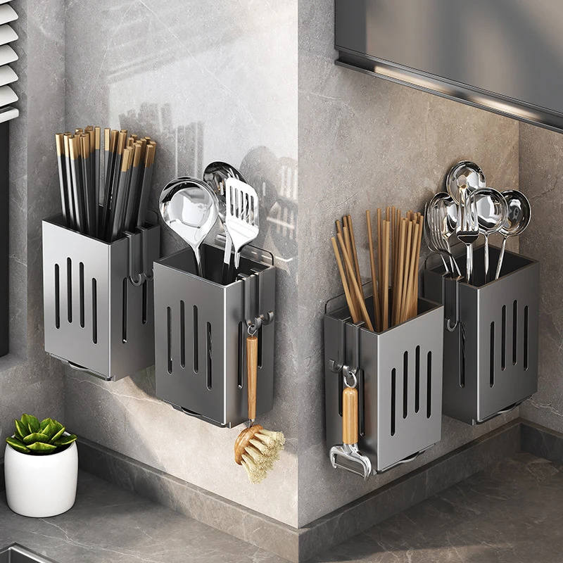 Multifunctional Kitchen Utensil Storage Rack Chopstick Draining Holder Wall-Mounted Freestanding Cutlery Tableware Organizer Box