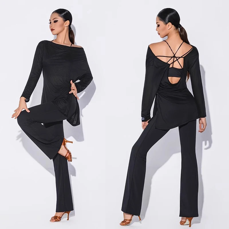 Trajes de baile latino 2025, pantalones superiores sin espalda con cuello barco de manga larga para mujer, ropa de práctica de entrenamiento de baile latino DN21980