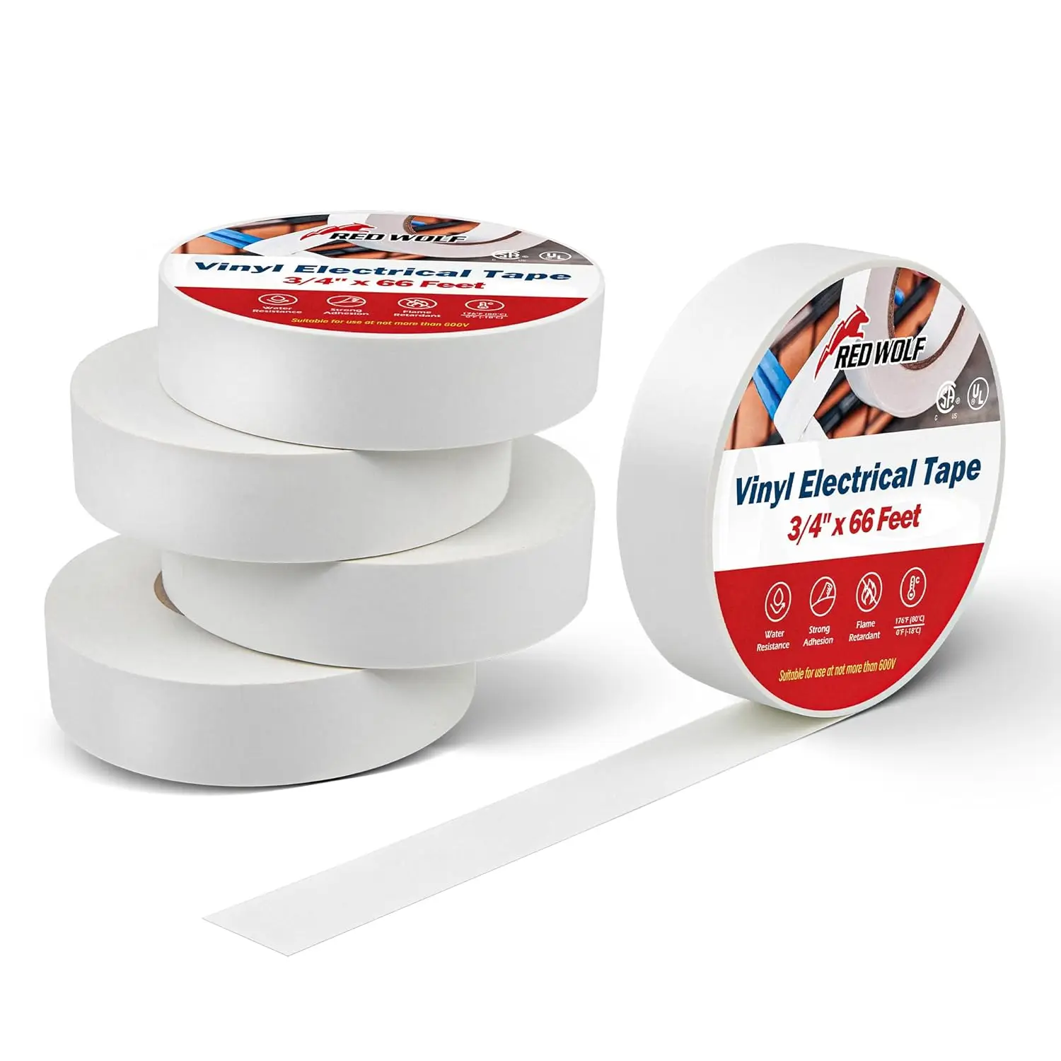 White Electrical Tape 3/4 in x 66ft 5 Pack, Industrial Grade UL/CSA Listed 7 Mil Thick Flame Retardant High Temp Waterproof PVC Tape Rated 600V
