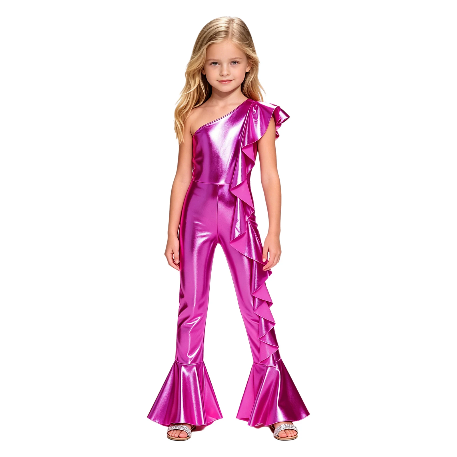 Kids Streetwear Party Shiny Costume Jumpsuits Children Flared Jumpsuit 60s 80s 70s Disco Outfit Girls Sparkly Romper Flares