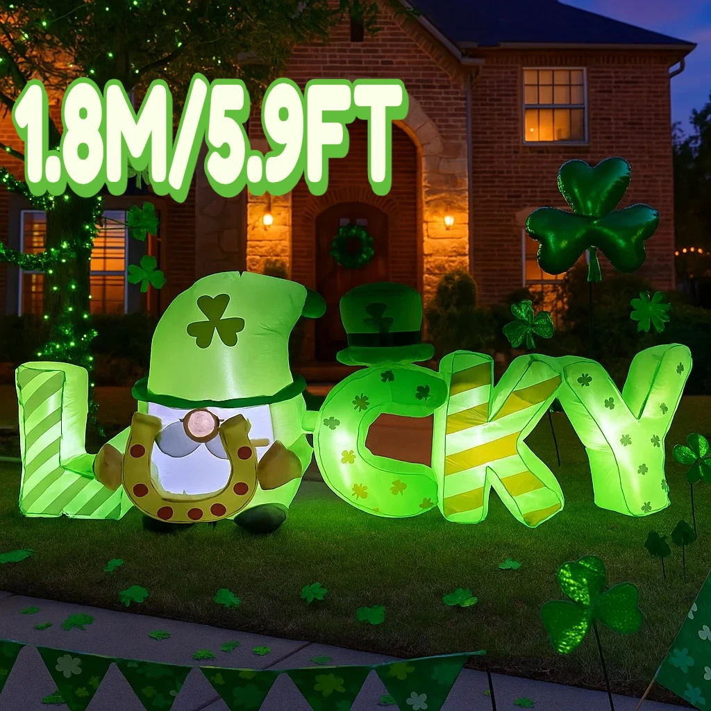 1.8M/5.9FT 聖パトリックデー インフレータブルおもちゃ DIY エルフデコレーション ホリデーラッキーヤードデコレーション LEDライトデコレーション 聖パトリックデーギフトオーナメント