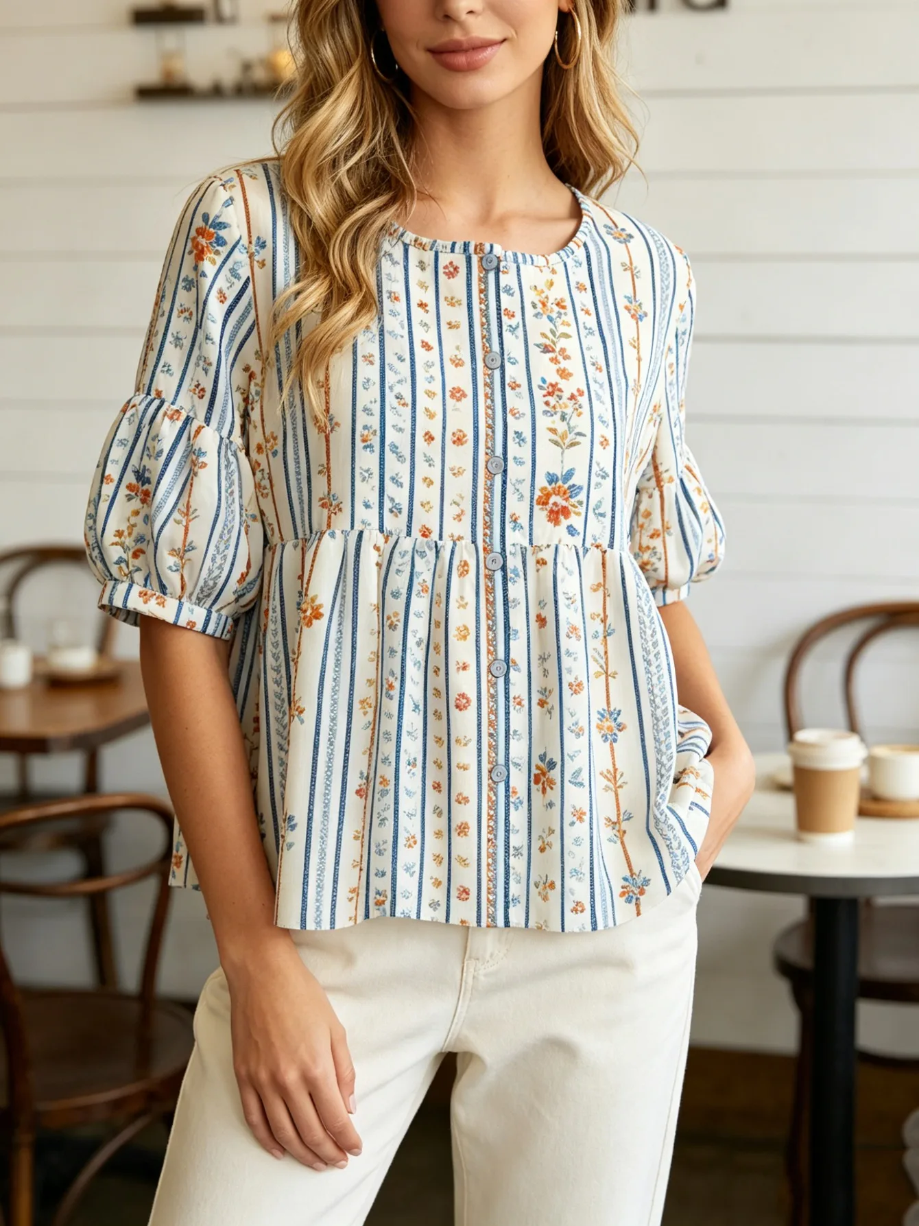 Oversized Loose Striped Babydoll Shirt for Women Crew Neck Button Short Puff Sleeve Lightweight Comfort Blouse