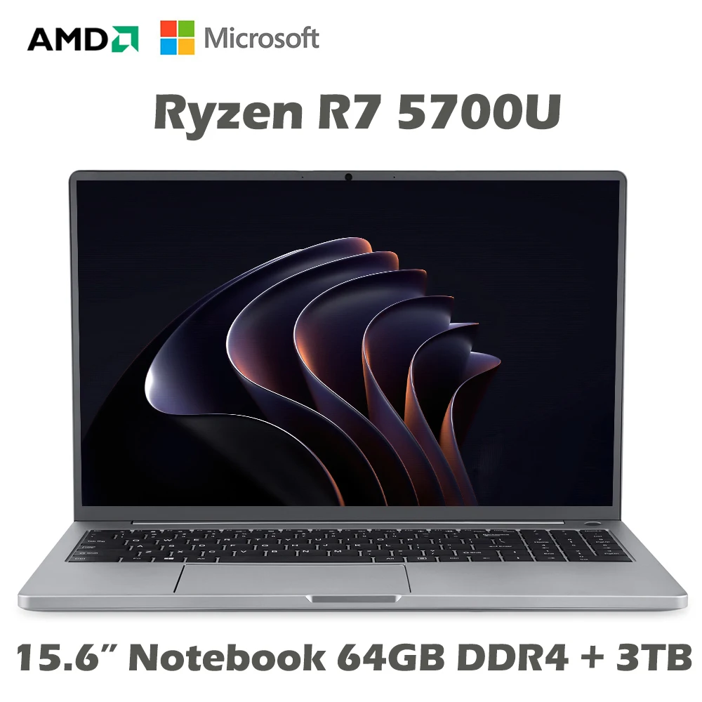 15.6นิ้วแล็ปท็อปโลหะ Ultrabook AMD Ryzen 7 5700U 8 Cores 64GB DDR4 3TB SSD Windows 10 Pro คอมพิวเตอร์โน้ตบุ๊ค WiFi Type-C