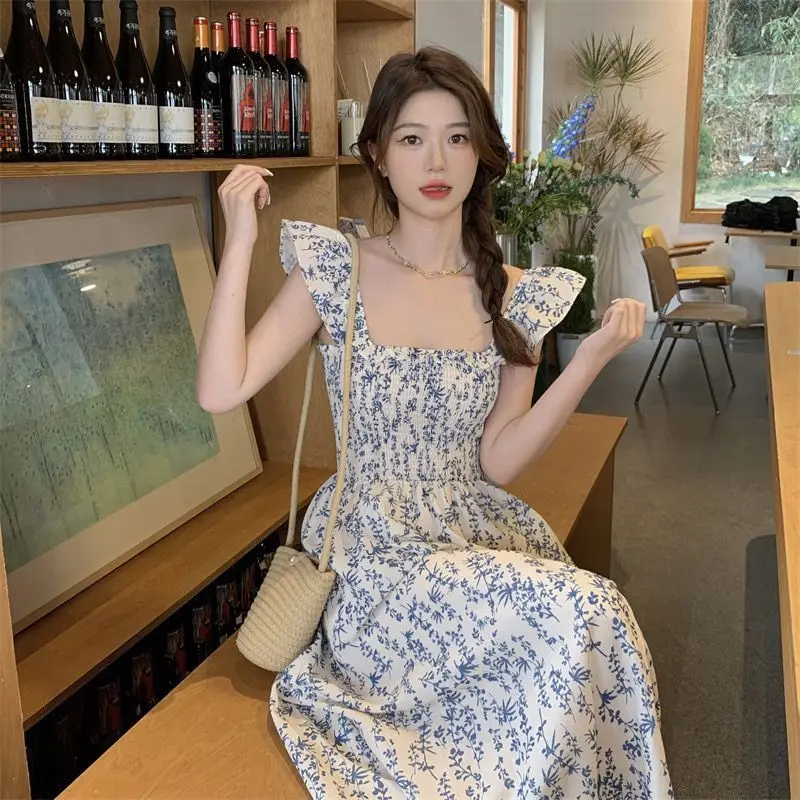 فستان نسائي أنيق لصيف 2025 فساتين كورية عصرية بياقة مربعة وطبعة زهور وخصر نحيف وأكمام طائرة #2