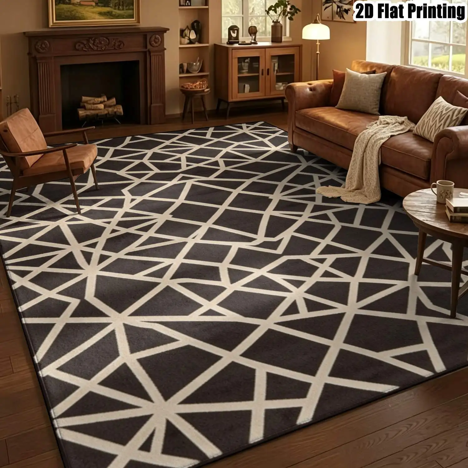 1Pc 2D Printed Carpet: Black Base, Beige Geometric Line Pattern Nordic-Style, Instagram-Inspired Modern Minimalist Floor Mat for Home Decor, Available in Multiple Sizes, Machine Washable, Ideal for Entryway, Dining Room, Foyer, Bedroom, Living Room.