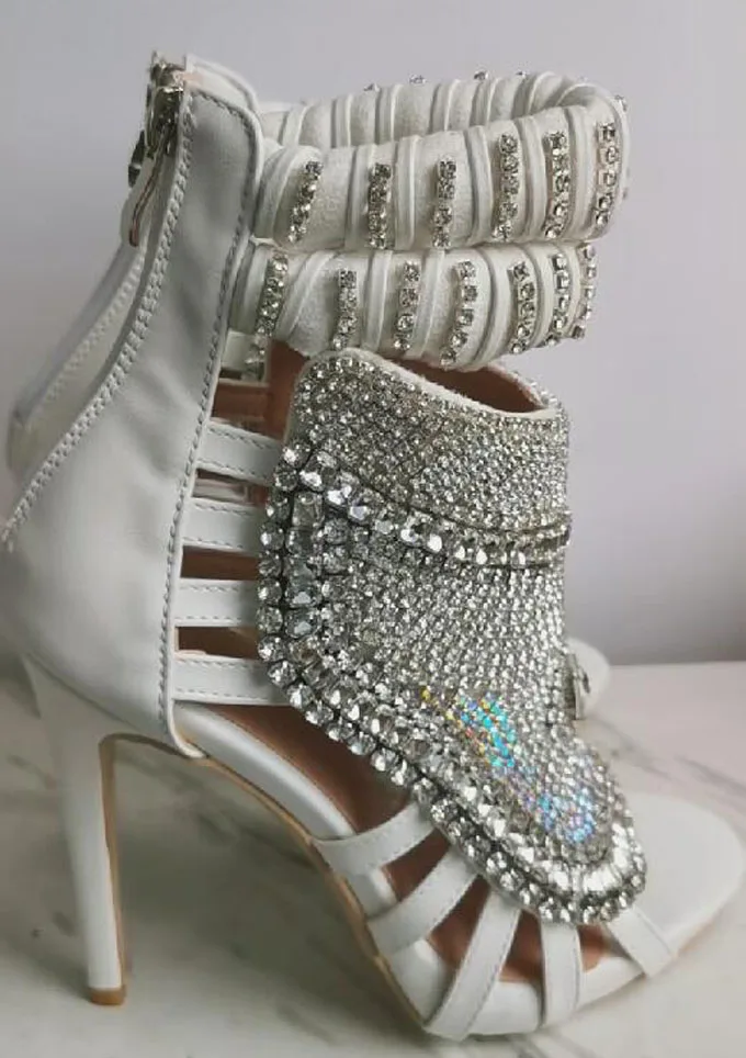 الفاخرة حجر الراين مزين اللمحة تو الصنادل المصارع بلينغ الماس كريستال رغوة حزام عالية الكعب Sandalias مأدبة الأحذية