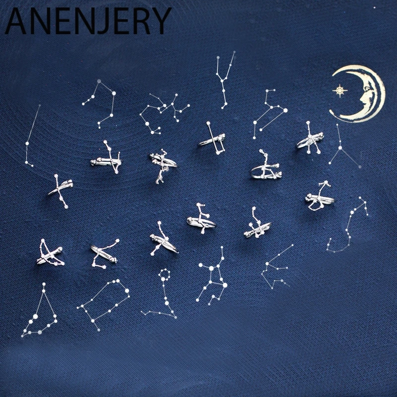 ANENJERY Silver Color 1 Pair 12 Constellation Earrings For Women Cubic Zircon Zodiac Clip Earrings Gift S-E1261