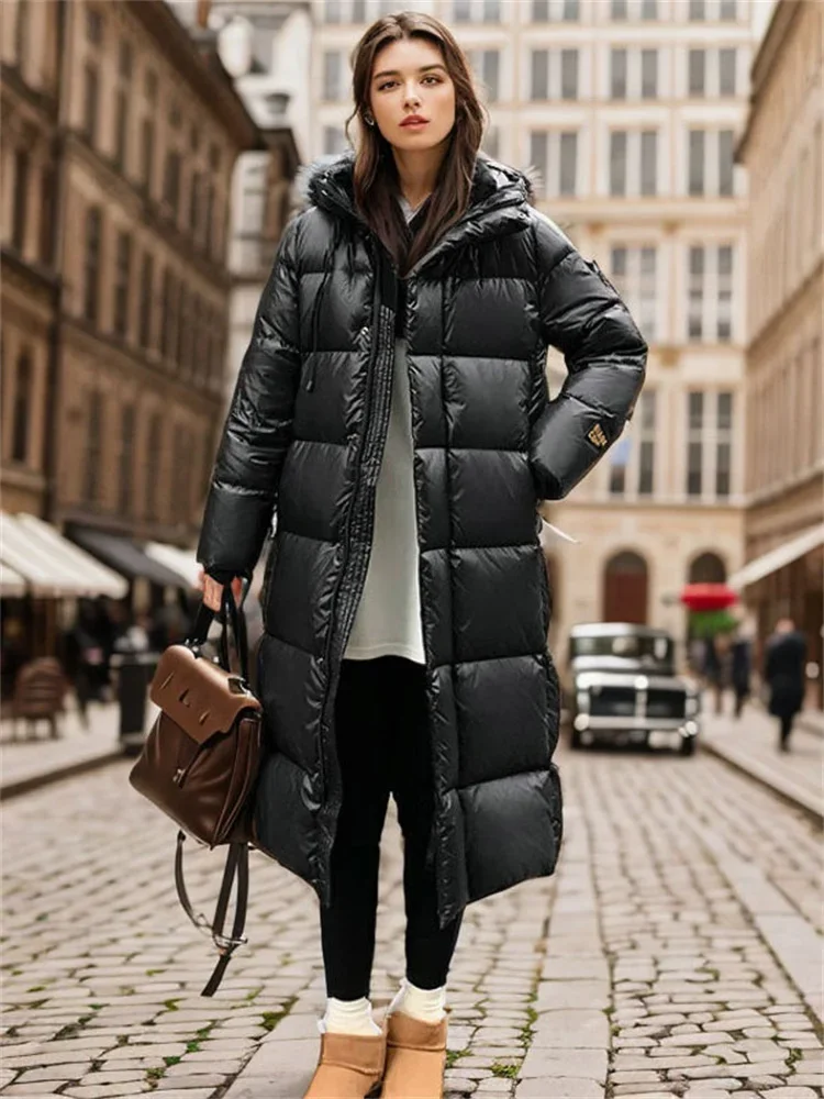 Black Long Down Jacket Women Winter New Fashion Korean Temperament Light Luxury High Quality White Duck Down Coat Clothing