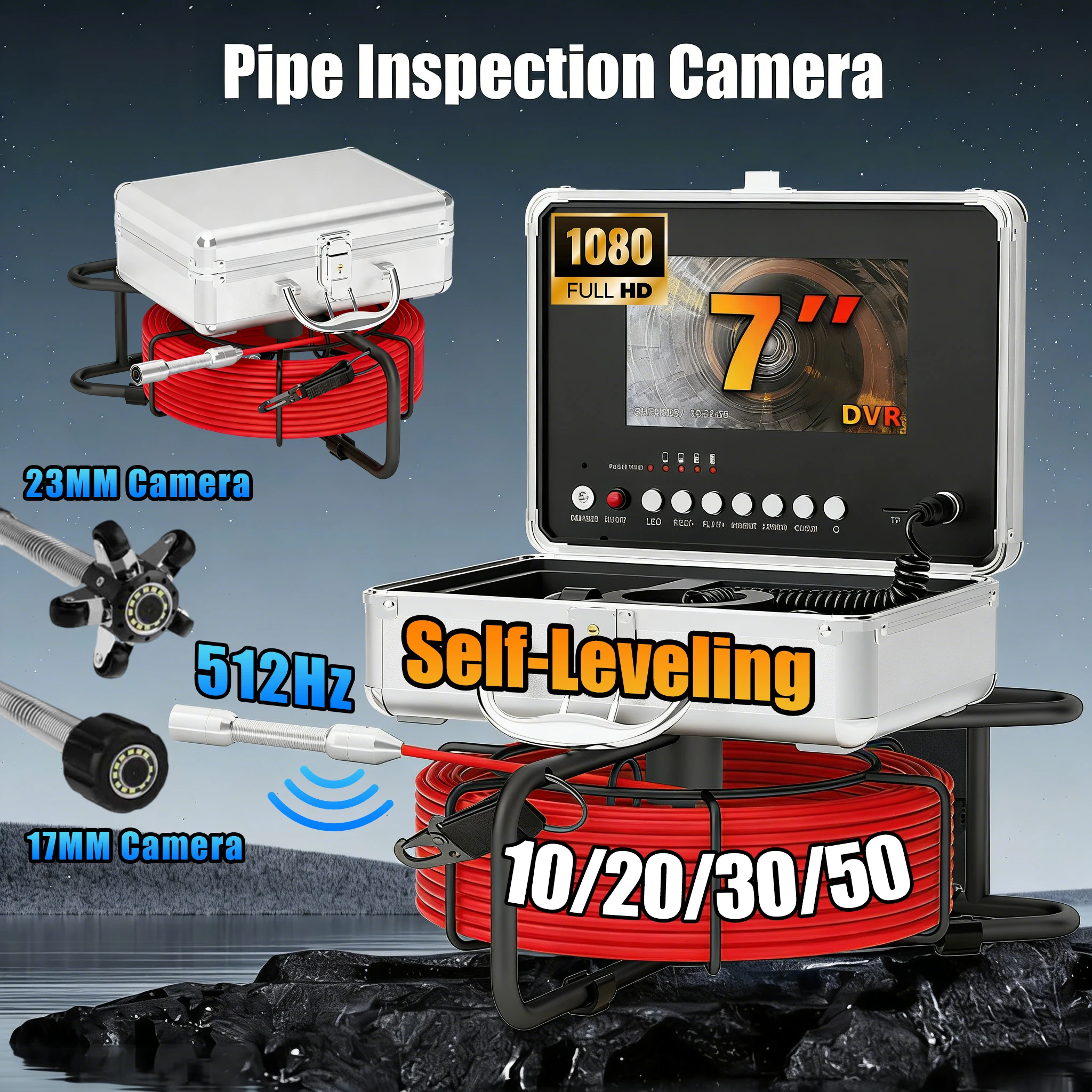 Sewer Inspection Camera, Self-Leveling Sewer Camera with 512HZ Locator, 17/23MM Endoscop Camera with 12 LEDs ,10/20/30/50M Cable